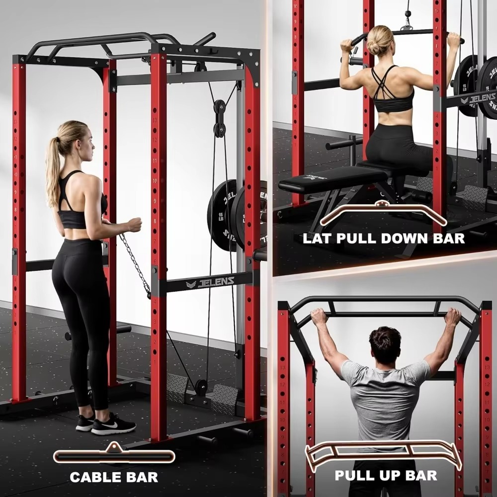 Home Gym Equipment Set - S21パワーケージ多機能ラック調整可能ケーブルクロスオーバー2000LBスクワットラックホームジム筋力トレーニングヘビーデューティー機器