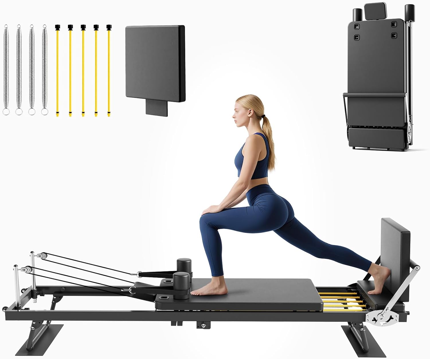 Home Gym Equipment Set - 折りたたみ式ピラティスリフォーマーマシン、ホームジム用全身フィットネスワークアウト機器、ジャンプボード付きデュアルレジスタンスシステムプラットフォーム、モダンミニマリストスタイル、ブラック仕上げ、1セット