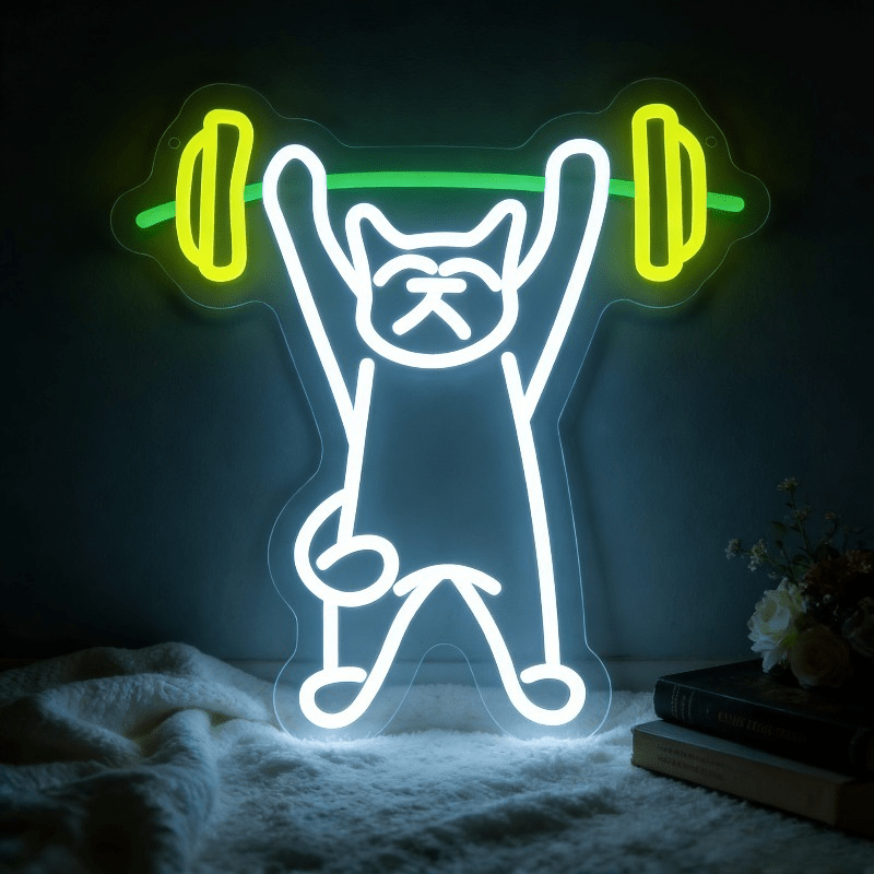 猫がウェイトを持ち上げるネオンサイン LED ナイトライト  - Home Gym Neon Sign のレビューと価格