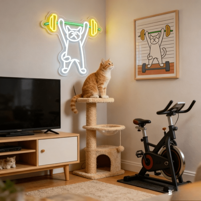 猫がウェイトを持ち上げるネオンサイン LED ナイトライト  - Home Gym Neon Sign のレビューと価格