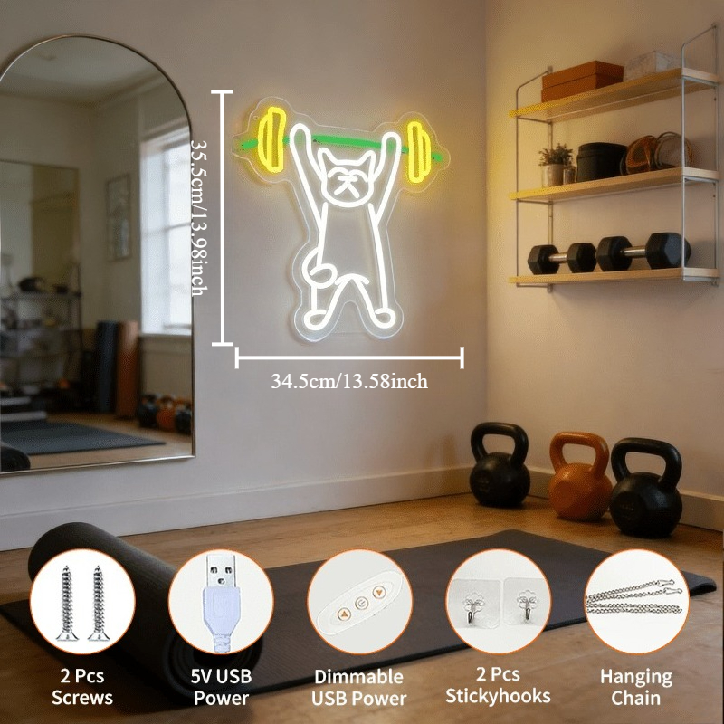 猫がウェイトを持ち上げるネオンサイン LED ナイトライト  - Home Gym Neon Sign のレビューと価格