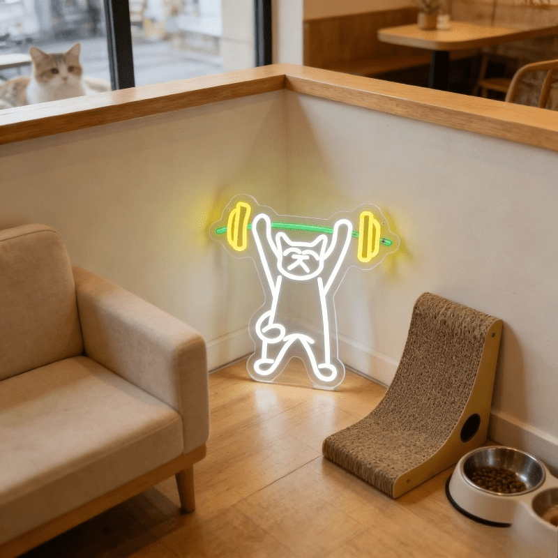 猫がウェイトを持ち上げるネオンサイン LED ナイトライト  - Home Gym Neon Sign のレビューと価格