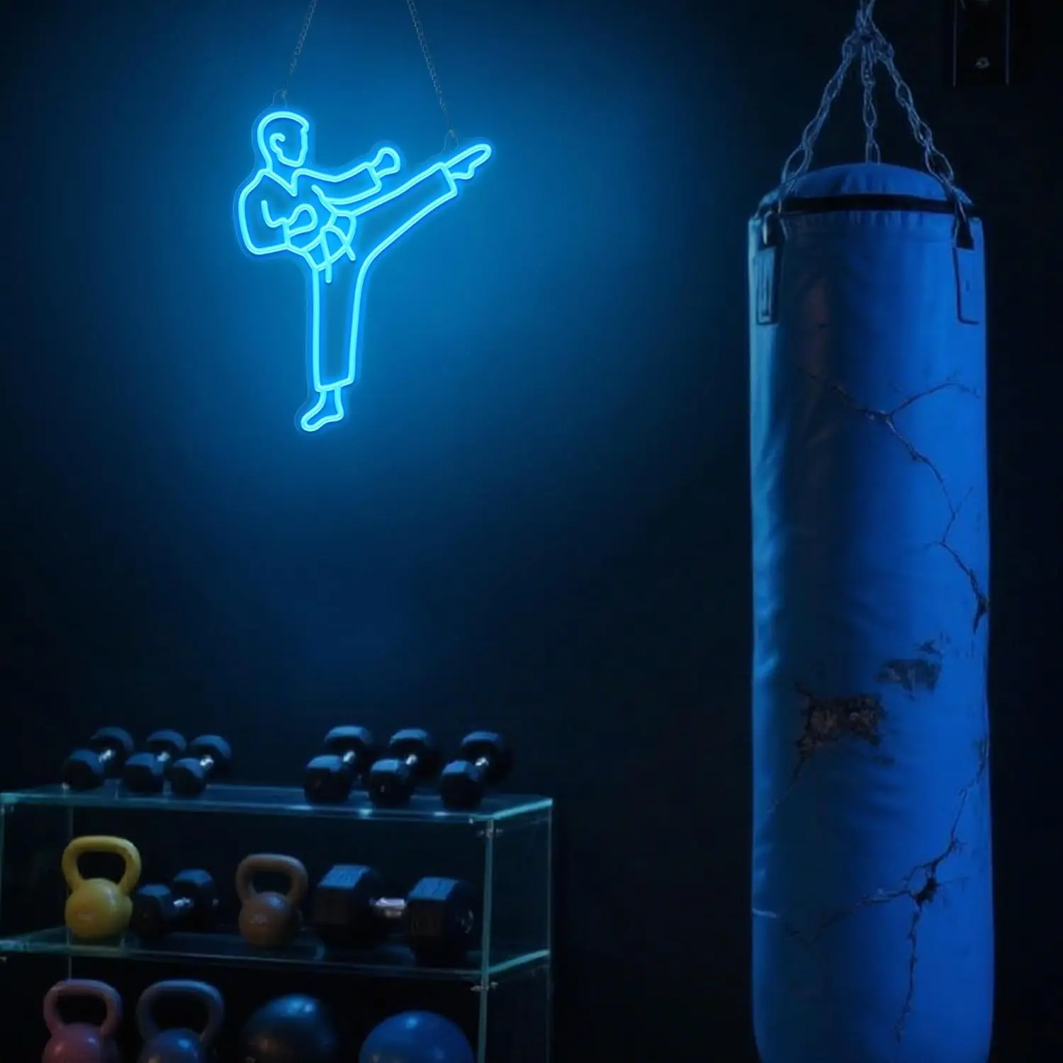 空手マンのネオンサイン、青色LED、壁掛けアート、USB電源 - Home Gym Neon Sign のレビューと価格