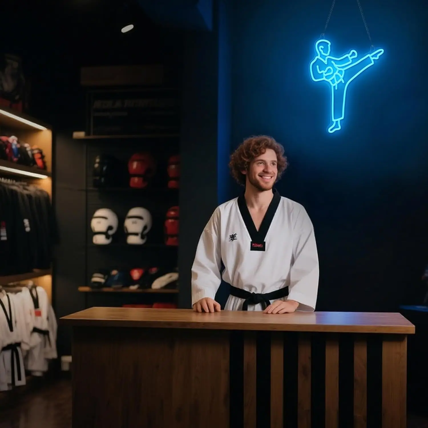 空手マンのネオンサイン、青色LED、壁掛けアート、USB電源 - Home Gym Neon Sign のレビューと価格